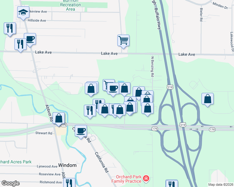 map of restaurants, bars, coffee shops, grocery stores, and more near 5622 Amanda Lane in Orchard Park