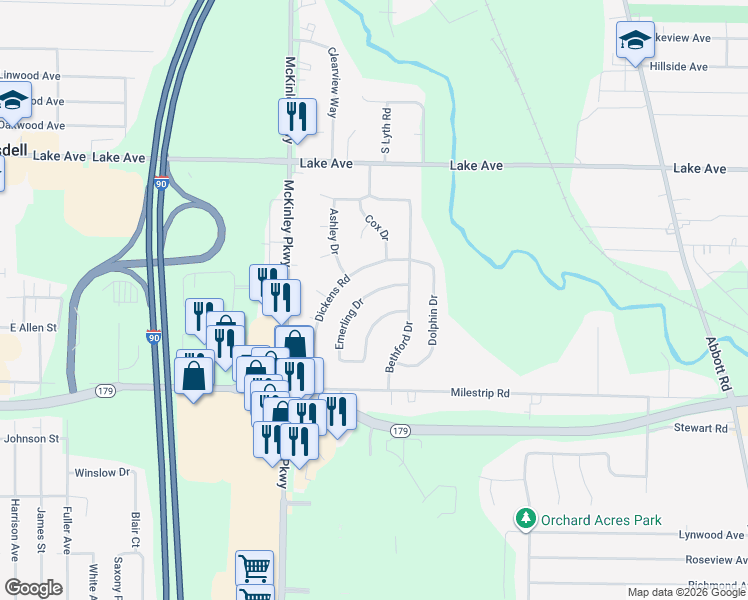 map of restaurants, bars, coffee shops, grocery stores, and more near 3463 Emerling Drive in Buffalo