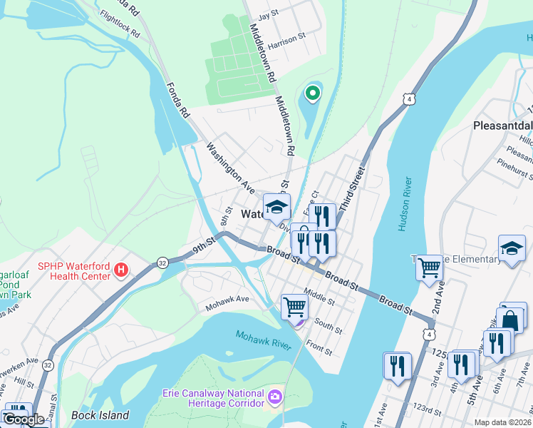 map of restaurants, bars, coffee shops, grocery stores, and more near in Waterford