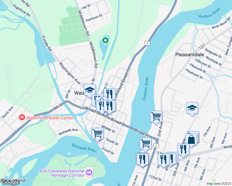 map of restaurants, bars, coffee shops, grocery stores, and more near 83 Third Street in Waterford
