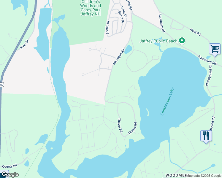 map of restaurants, bars, coffee shops, grocery stores, and more near 45 10 Acres Road in Jaffrey