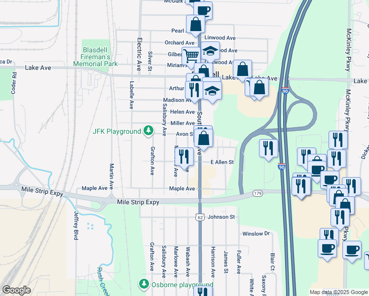 map of restaurants, bars, coffee shops, grocery stores, and more near 41 Kent Street in Blasdell