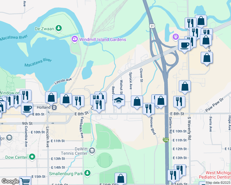 map of restaurants, bars, coffee shops, grocery stores, and more near 149 Reed Avenue in Holland