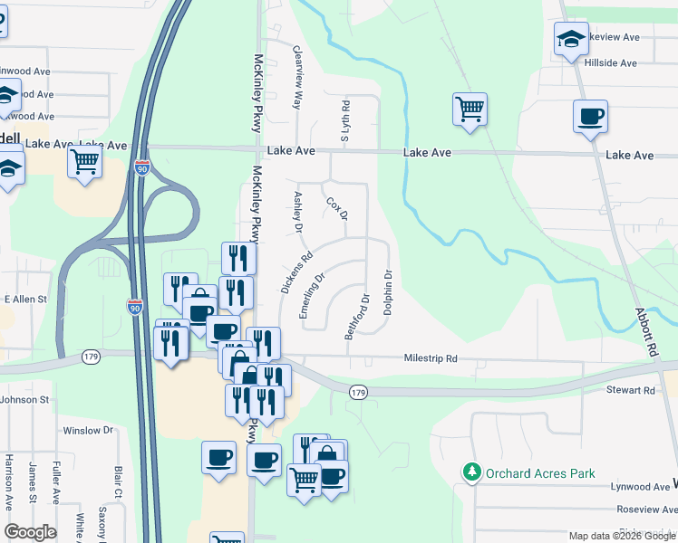 map of restaurants, bars, coffee shops, grocery stores, and more near 3463 Emerling Drive in Buffalo