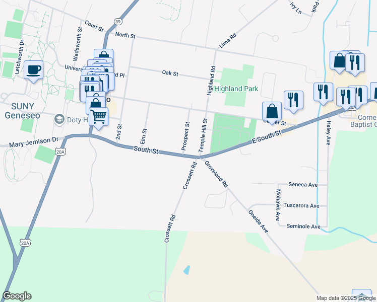 map of restaurants, bars, coffee shops, grocery stores, and more near 4 Crossett Road in Geneseo