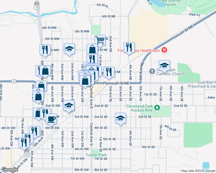 map of restaurants, bars, coffee shops, grocery stores, and more near 66-98 2nd Avenue Southeast in Le Mars