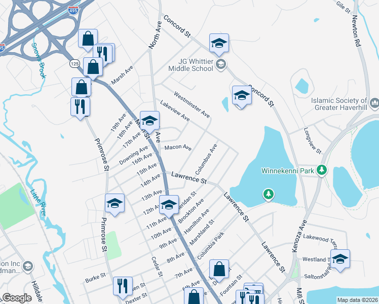 map of restaurants, bars, coffee shops, grocery stores, and more near 19 1/2 Commonwealth Avenue in Haverhill