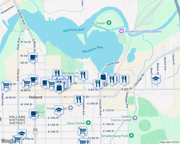 map of restaurants, bars, coffee shops, grocery stores, and more near 157 Columbia Avenue in Holland