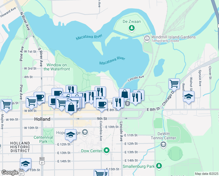 map of restaurants, bars, coffee shops, grocery stores, and more near 145 Columbia Avenue in Holland