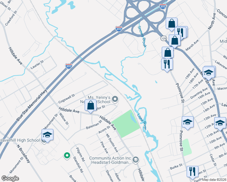 map of restaurants, bars, coffee shops, grocery stores, and more near 109 Atlanta Street in Haverhill