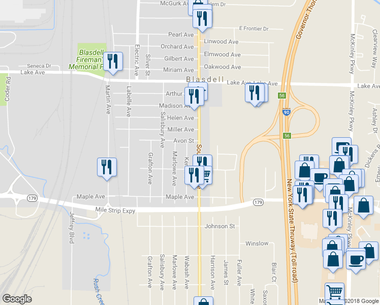 map of restaurants, bars, coffee shops, grocery stores, and more near 22 Kent Avenue in Buffalo