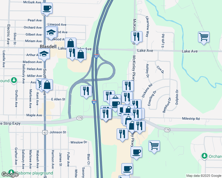 map of restaurants, bars, coffee shops, grocery stores, and more near 3404 McKinley Parkway in Buffalo