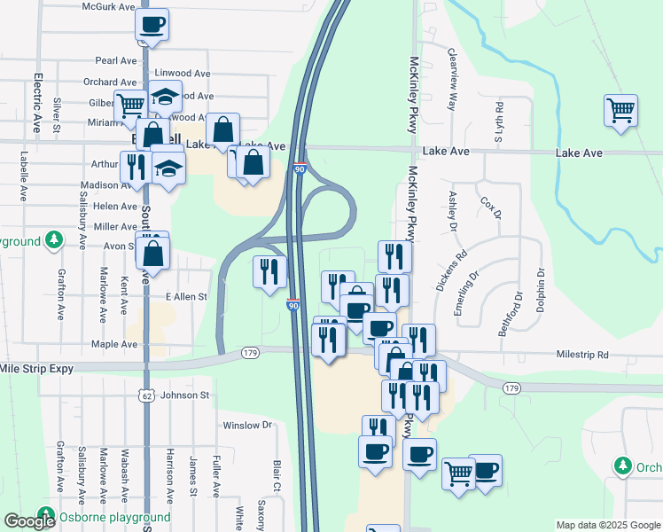 map of restaurants, bars, coffee shops, grocery stores, and more near 3404 McKinley Parkway in Buffalo