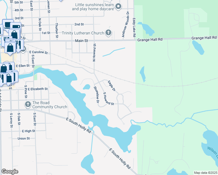 map of restaurants, bars, coffee shops, grocery stores, and more near 760 Eagle Drive in Fenton