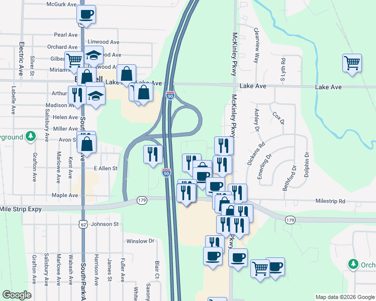 map of restaurants, bars, coffee shops, grocery stores, and more near 3404 McKinley Parkway in Buffalo