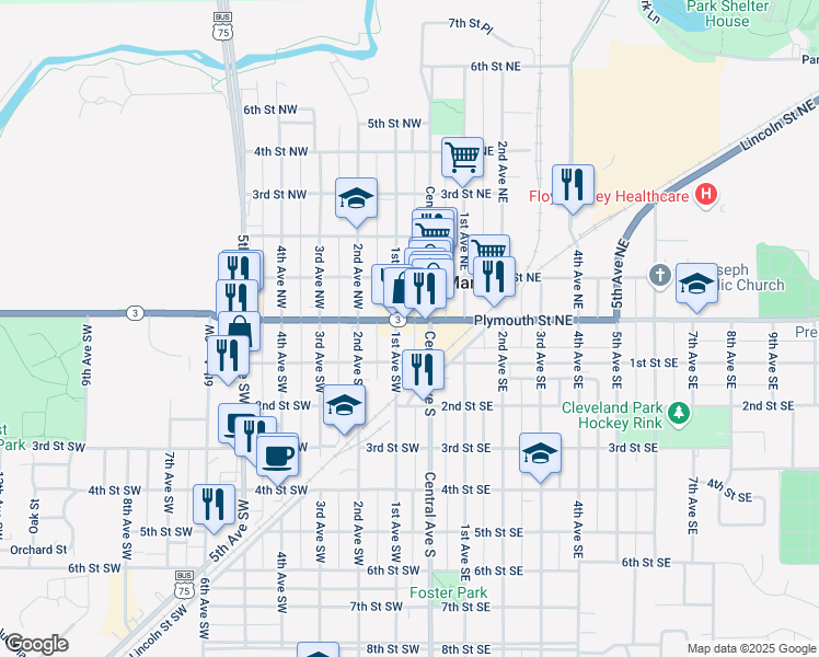 map of restaurants, bars, coffee shops, grocery stores, and more near 1-99 1st Ave NW in Le Mars