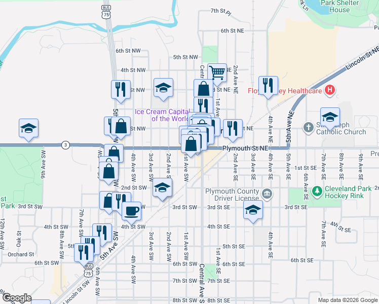 map of restaurants, bars, coffee shops, grocery stores, and more near 30 Plymouth Street in Le Mars