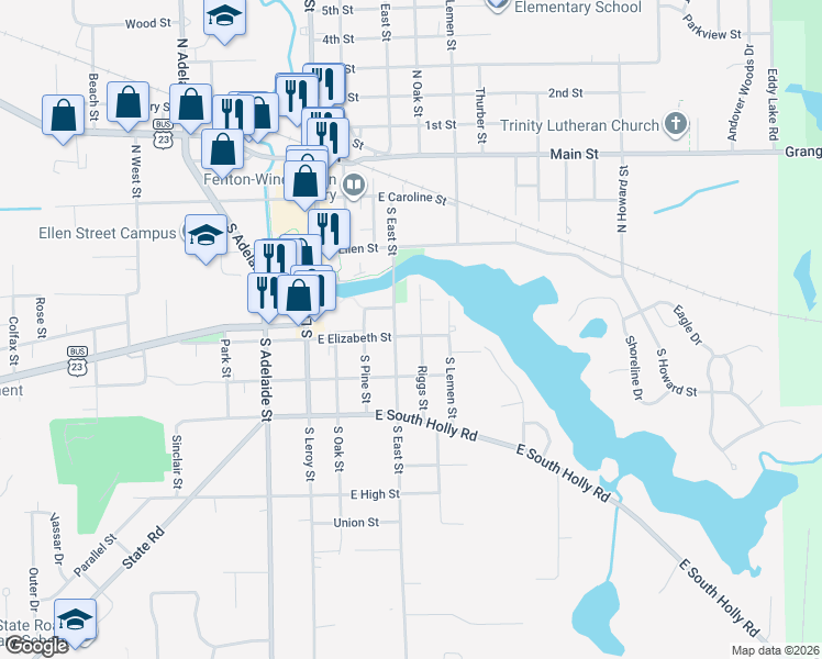 map of restaurants, bars, coffee shops, grocery stores, and more near 301 South East Street in Fenton