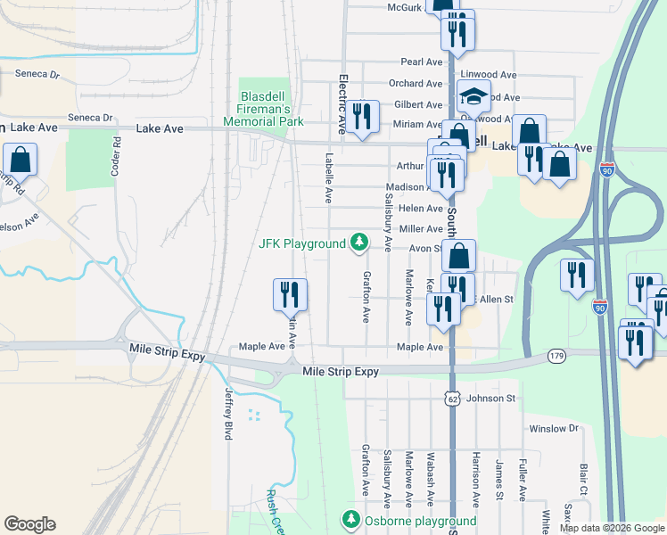 map of restaurants, bars, coffee shops, grocery stores, and more near 190 Labelle Avenue in Buffalo