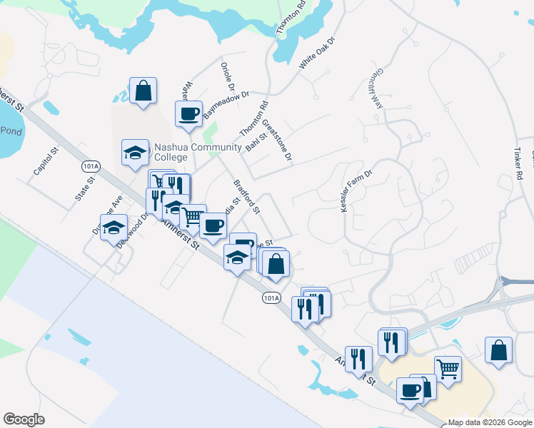 map of restaurants, bars, coffee shops, grocery stores, and more near 15 Bradford Street in Nashua