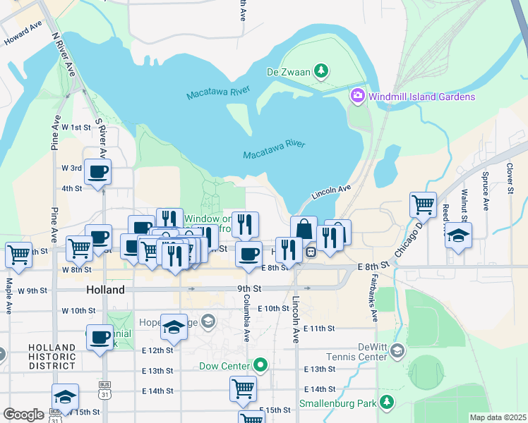 map of restaurants, bars, coffee shops, grocery stores, and more near 145 Columbia Avenue in Holland