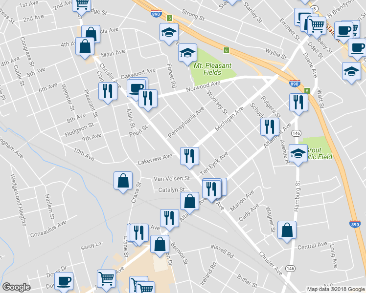 map of restaurants, bars, coffee shops, grocery stores, and more near 1470 Dewitt Street in Schenectady