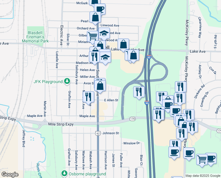 map of restaurants, bars, coffee shops, grocery stores, and more near 4248 North Street in Buffalo