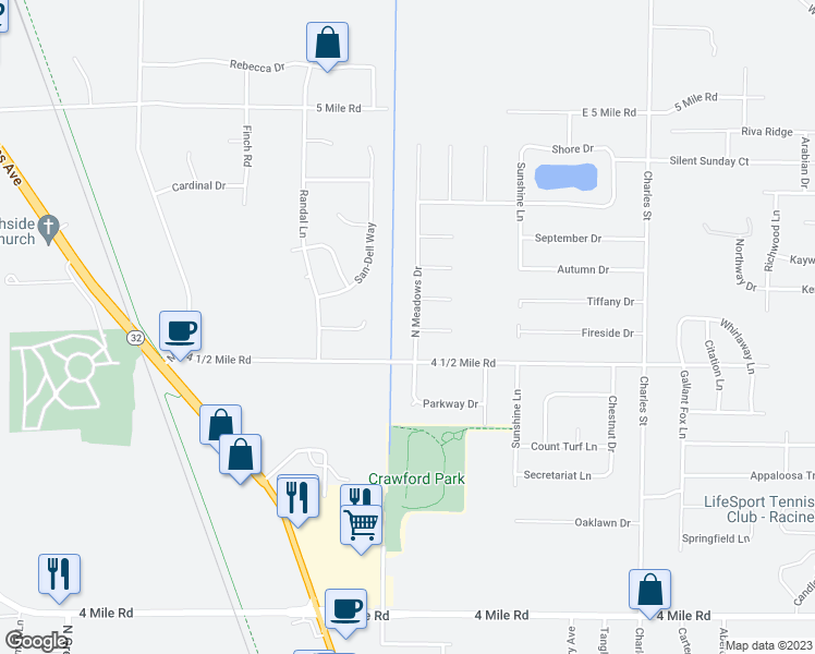 map of restaurants, bars, coffee shops, grocery stores, and more near 5528 North Meadows Drive in Racine