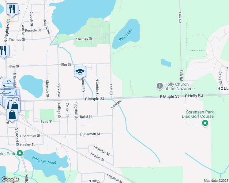 map of restaurants, bars, coffee shops, grocery stores, and more near 114 East Street in Holly