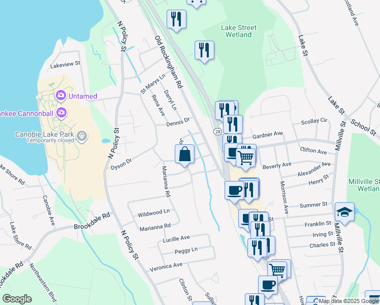 map of restaurants, bars, coffee shops, grocery stores, and more near 8 Catherine Road in Salem