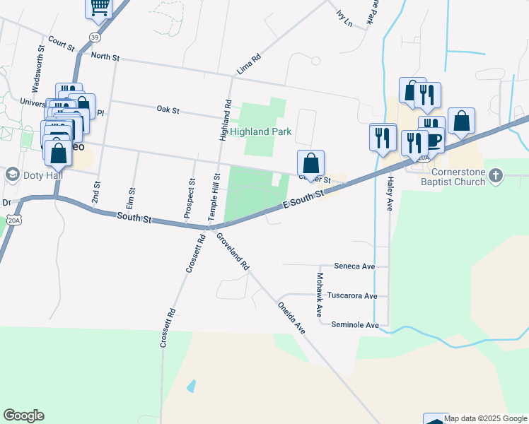 map of restaurants, bars, coffee shops, grocery stores, and more near U.S. 20A in Geneseo