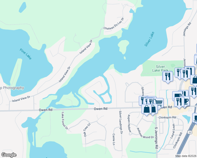 map of restaurants, bars, coffee shops, grocery stores, and more near 16080 Silvercrest Drive in Fenton