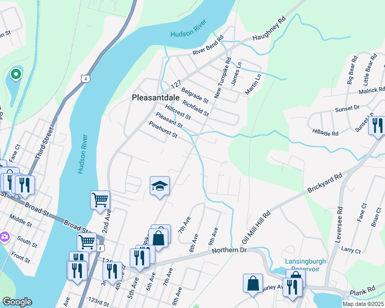map of restaurants, bars, coffee shops, grocery stores, and more near 110 New Turnpike Road in Troy