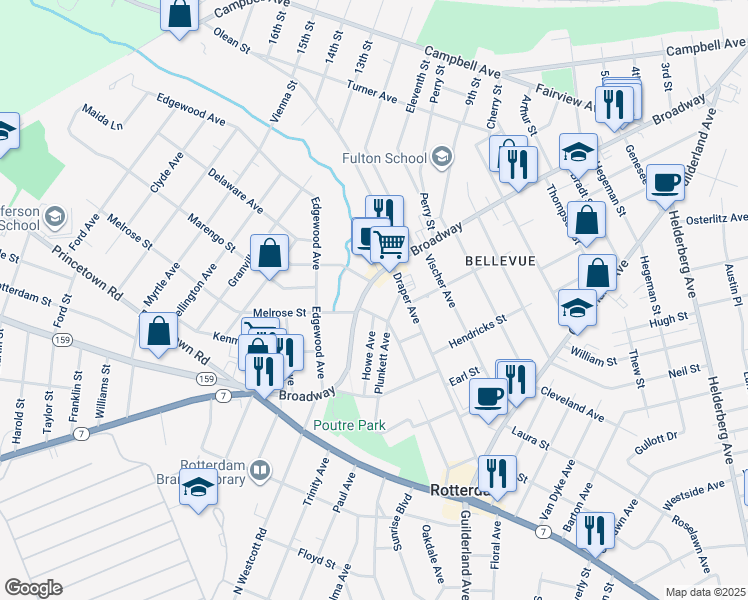 map of restaurants, bars, coffee shops, grocery stores, and more near 2737 Broadway in Rotterdam