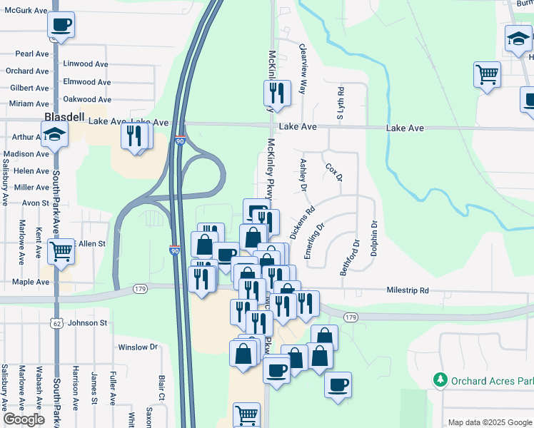 map of restaurants, bars, coffee shops, grocery stores, and more near 3350 McKinley Parkway in Buffalo