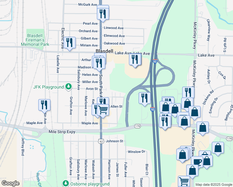 map of restaurants, bars, coffee shops, grocery stores, and more near 4248 North Street in Buffalo