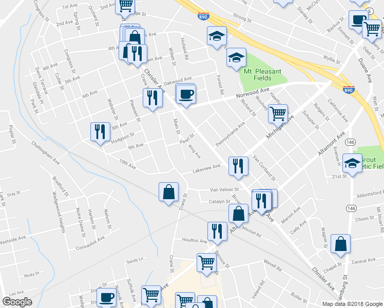 map of restaurants, bars, coffee shops, grocery stores, and more near 1334 Wing Avenue in Schenectady