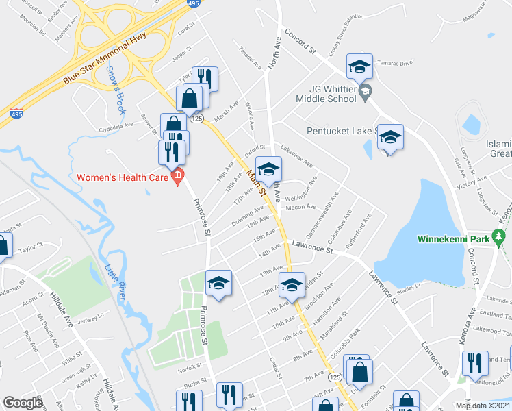 map of restaurants, bars, coffee shops, grocery stores, and more near 9 Downing Avenue in Haverhill