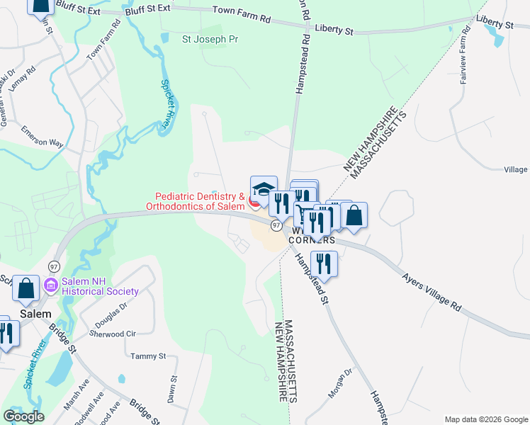 map of restaurants, bars, coffee shops, grocery stores, and more near 393 Main Street in Salem