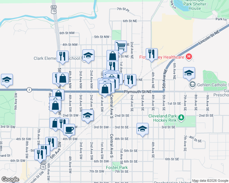 map of restaurants, bars, coffee shops, grocery stores, and more near 1-99 Central Ave NE in Le Mars