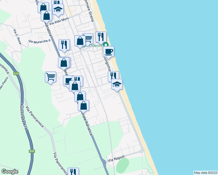 map of restaurants, bars, coffee shops, grocery stores, and more near 5 Via Guglielmo Marconi in Tortoreto Lido