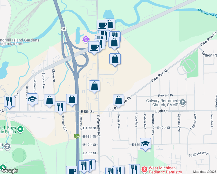 map of restaurants, bars, coffee shops, grocery stores, and more near 121 South Waverly Road in Holland