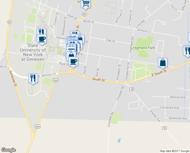 map of restaurants, bars, coffee shops, grocery stores, and more near 25 South Street in Geneseo