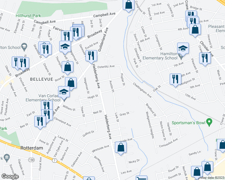 map of restaurants, bars, coffee shops, grocery stores, and more near 1098 Austin Place in Schenectady