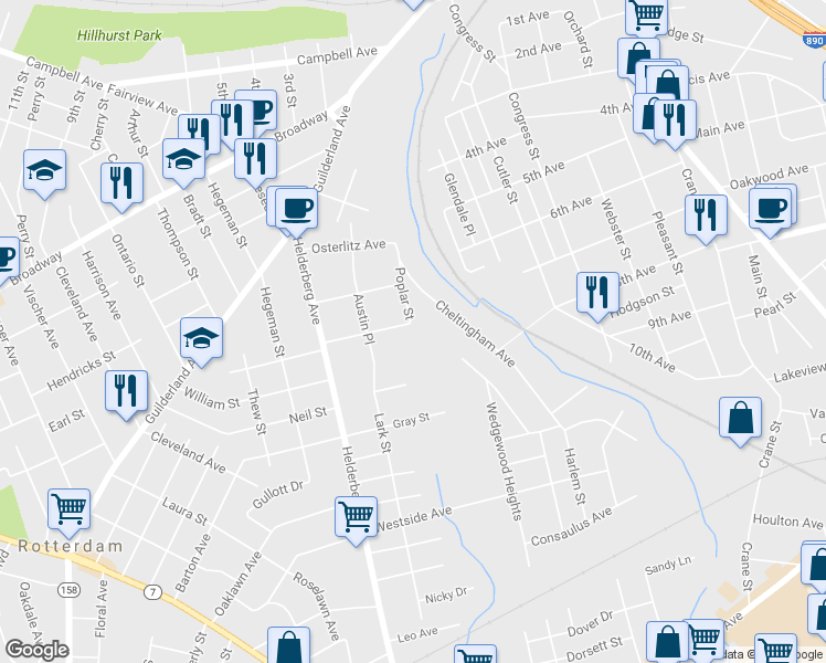 map of restaurants, bars, coffee shops, grocery stores, and more near 1868 Broad Street in Schenectady