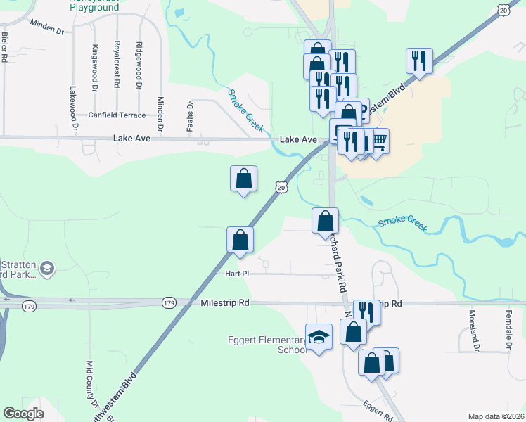 map of restaurants, bars, coffee shops, grocery stores, and more near Southwestern Boulevard in Orchard Park