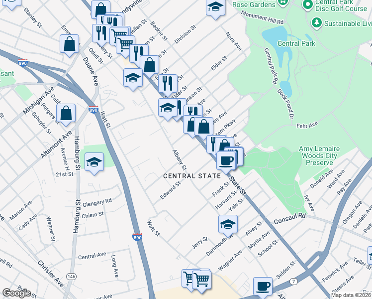 map of restaurants, bars, coffee shops, grocery stores, and more near 22 Henry Street in Schenectady