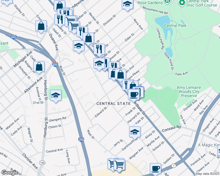 map of restaurants, bars, coffee shops, grocery stores, and more near 22 Henry Street in Schenectady