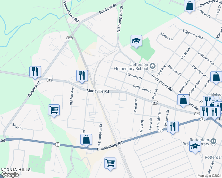 map of restaurants, bars, coffee shops, grocery stores, and more near 30 Old Mariaville Road in Rotterdam