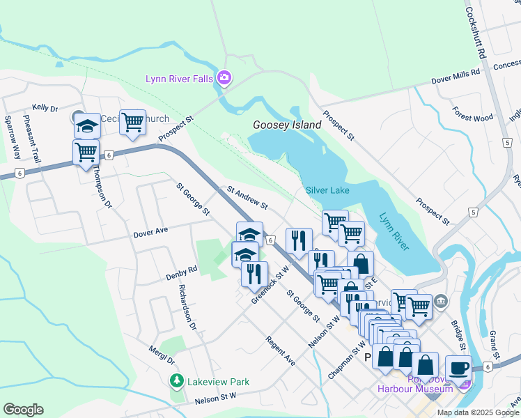 map of restaurants, bars, coffee shops, grocery stores, and more near 605 Saint Andrew Street in Port Dover